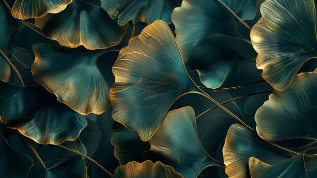 The gold Ginkgo Biloba Leaf in black and gold with dark blue and green colors shiny golden lines and light textures makes this the perfect modern art mural wallpaper