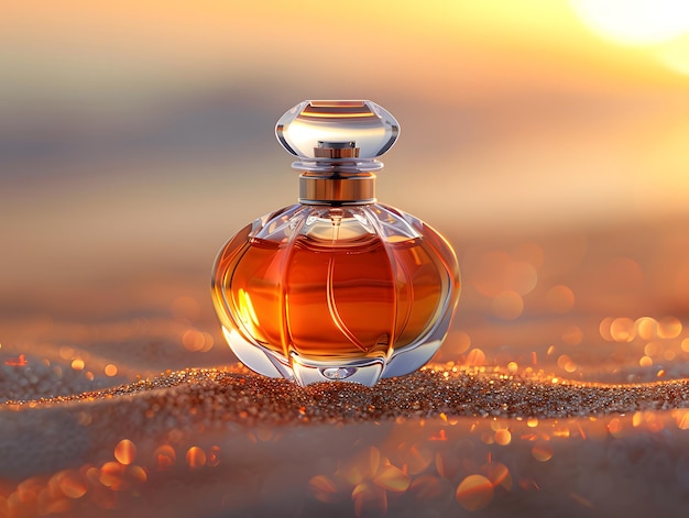 A gold and glass perfume bottle sits on a sandy beach with the ocean in the background