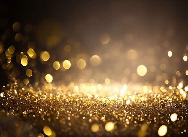 A gold glitter background with a dark background and a blurry light in the center.