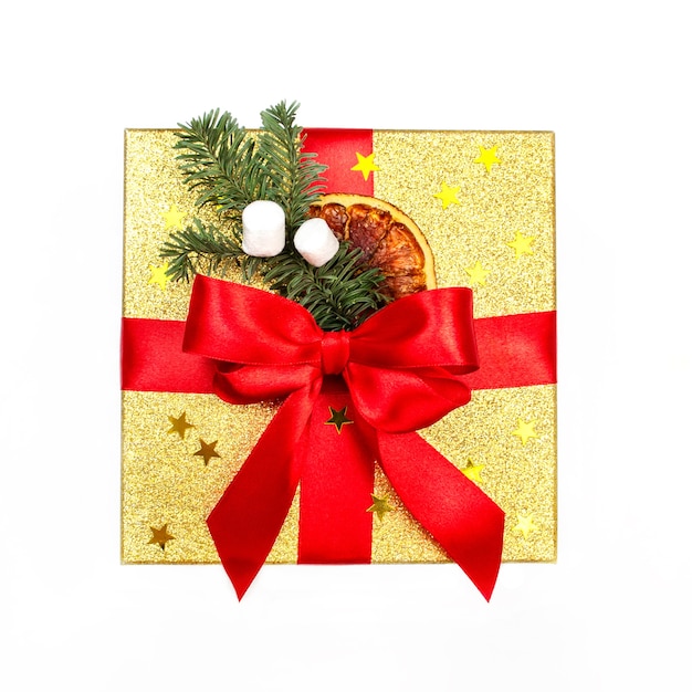 Gold glitter gift box with ribbon, Christmas decor isolated