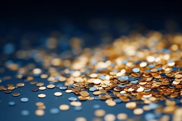 gold glitter on navy blue background with bokeh effect