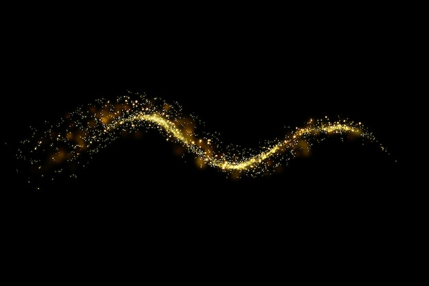 Photo gold glitter particles lights trail and bokeh on a black background