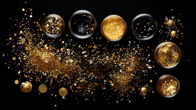 Gold glitter set in plastic jar isolated on black background