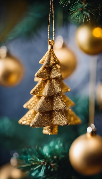 ゴールドのキラキラしたクリスマスツリーの飾り
