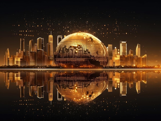 A gold globe earth finance concept economy global business skyscrapers in the style of bokeh in the background Generative AI