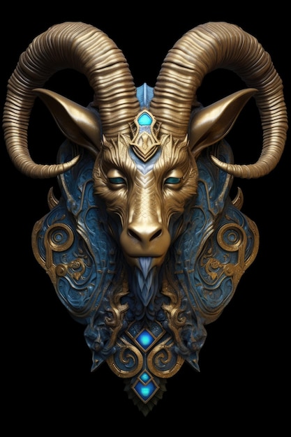 A gold goat mask with blue and gold accents.