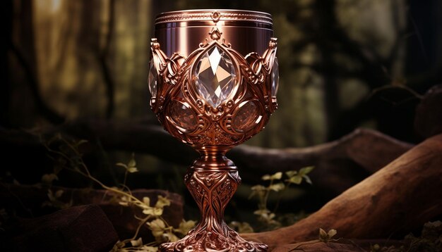 a gold goblet sitting on a wooden table