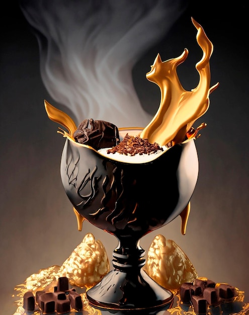 Photo gold goblet with hot chocolate milk and smoke