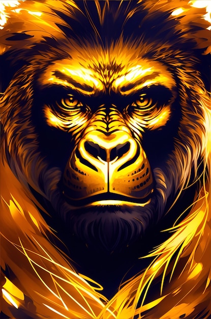 A gold gorilla with a black background