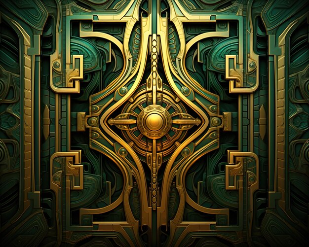 a gold and green abstract design of a gold and green door