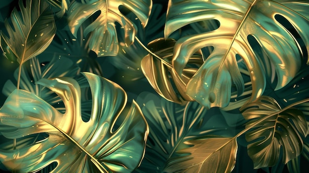 金色と緑の背景の近代的なイラストと金色の分葉のフィロデンドロン植物とモンステラ植物