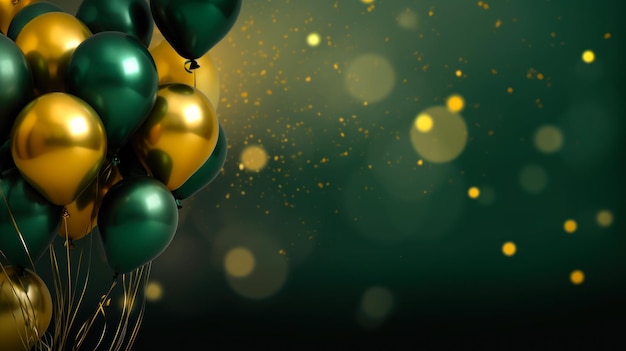 Gold and green balloons with sparkling lights background