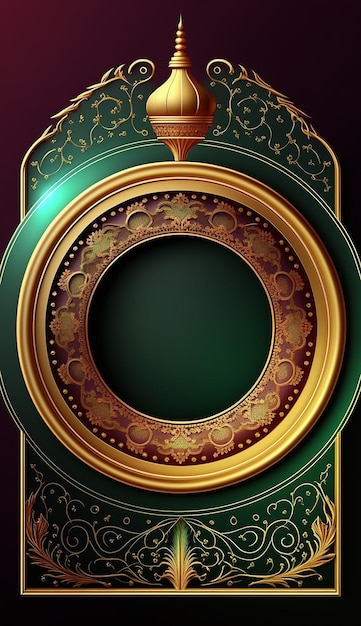 a gold and green frame with a round design and a circle with ornamental pattern generative ai