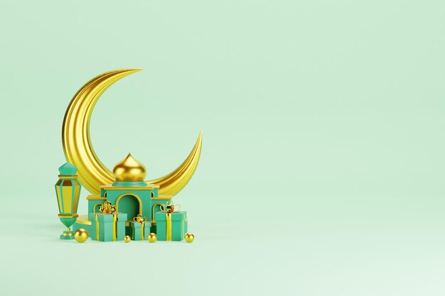 A gold and green mosque with a crescent moon on the top