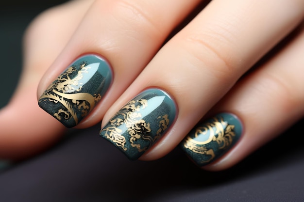 a gold and green nail art design with gold and gold