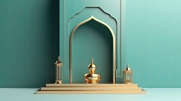 A gold and green wall with a mosque and a lantern.