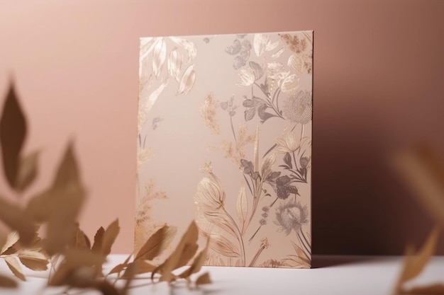 A gold and grey floral print sits on a white table next to a pink wall.