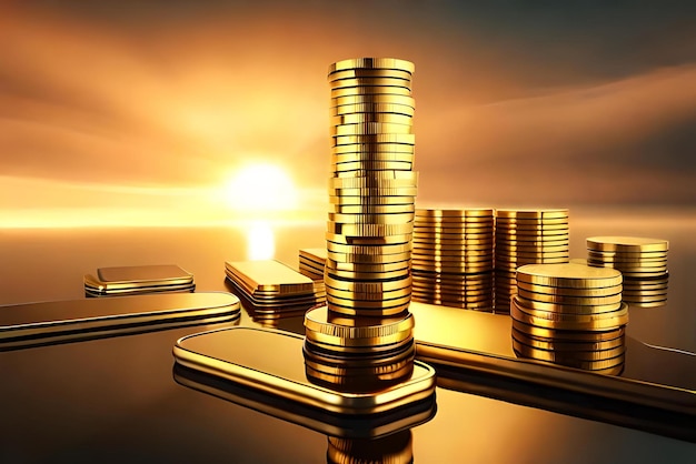 gold growing arrow with gold coin money stacks 3d illustration