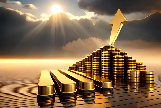 Foto freccia crescente dell'oro con l'illustrazione 3d delle pile dei soldi della moneta d'oro