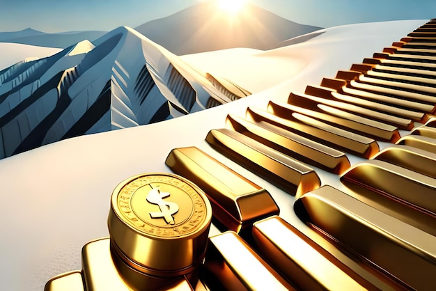 Foto freccia crescente dell'oro con l'illustrazione 3d delle pile dei soldi della moneta d'oro