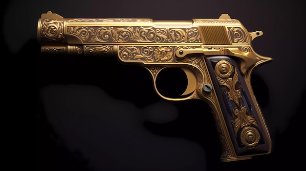 A gold gun with a floral design on it