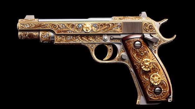 A gold gun with a flower design on it