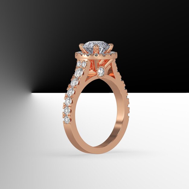 Gold halo engagement ring with round center stone and side\
diamonds on shank 3d render