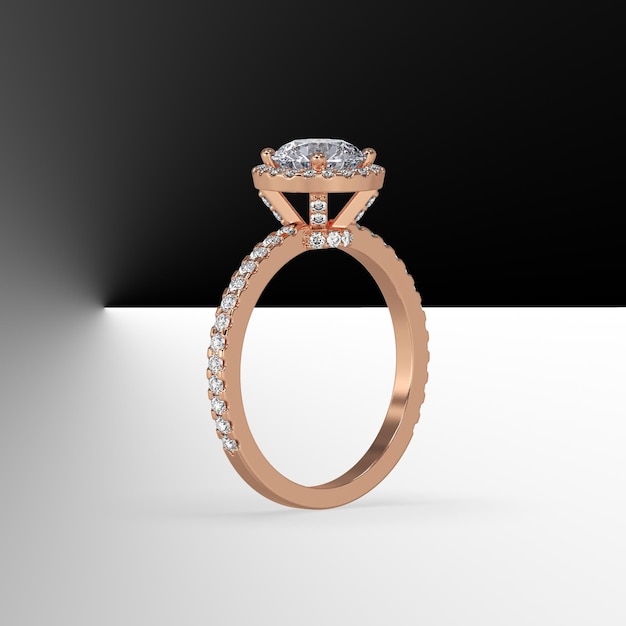 Обручальное кольцо с золотым ореолом с круглым центральным камнем и боковыми бриллиантами на хвостовике 3d рендеринг
