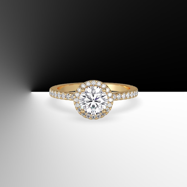 Gold halo engagement ring with round center stone and side
diamonds on shank 3d render