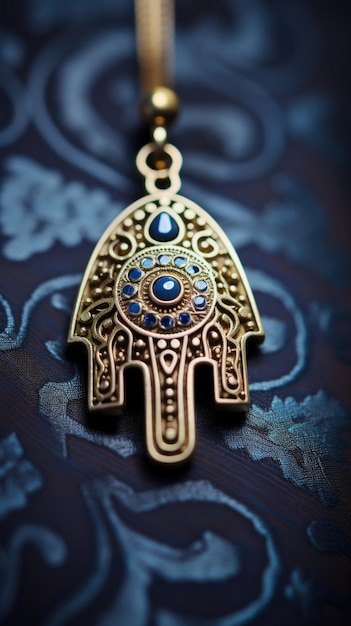 A gold hamsa pendant with blue stones on a blue background ai