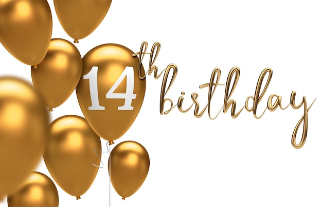 Gold Happy 14th birthday balloon greeting background 3D Rendering