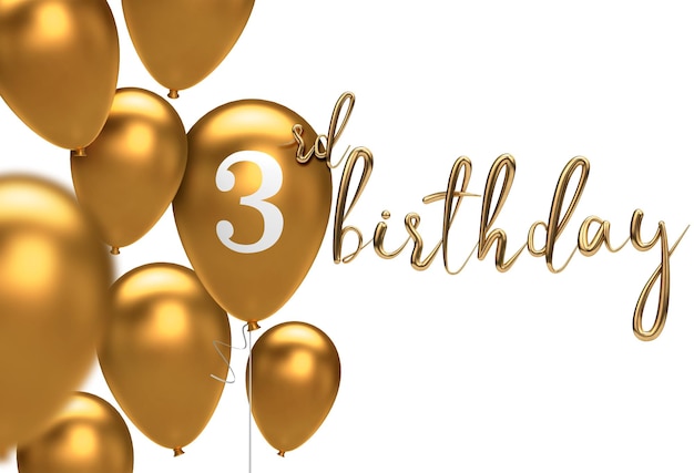 Gold Happy 3rd birthday balloon greeting background 3D Rendering