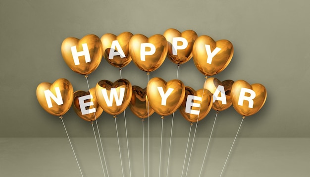 Gold happy new year heart shape balloons on a grey concrete background. Horizontal banner. 3D illustration render