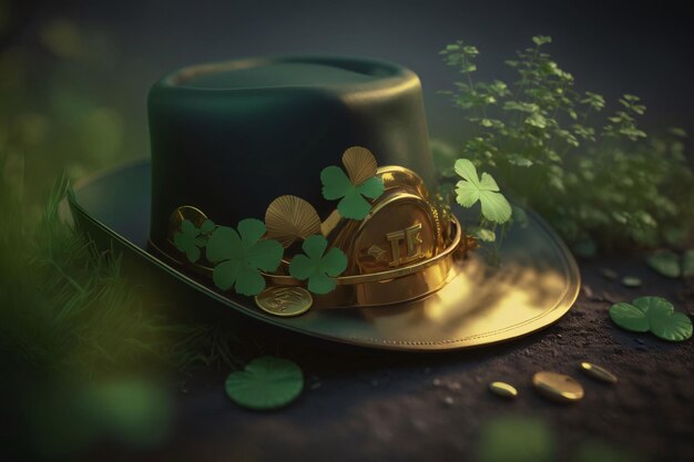 Gold hat decorated with green limbs around gold coins Green fourleaf clover symbol of St Patricks Day