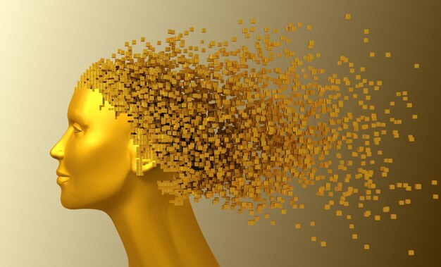 Gold Head Of Woman And 3D Pixels As Hair