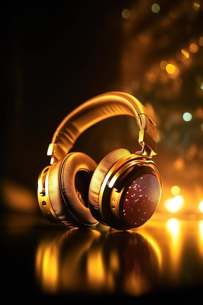 Gold headphones on a black background with a christmas tree in the background.