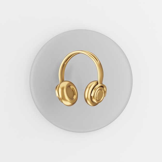 Gold headphones icon in cartoon style. 3d rendering gray round button key, interface ui ux element.