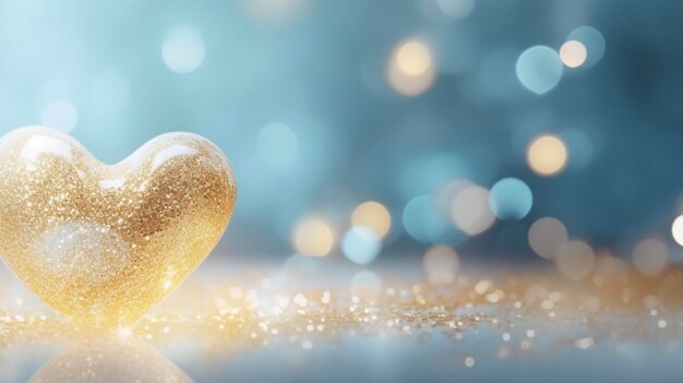 Gold heart on blue bokeh background Valentines day banner Love day AI Generated Images