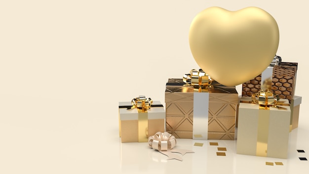 The gold heart and gift boxes for celebration content 3d rendering