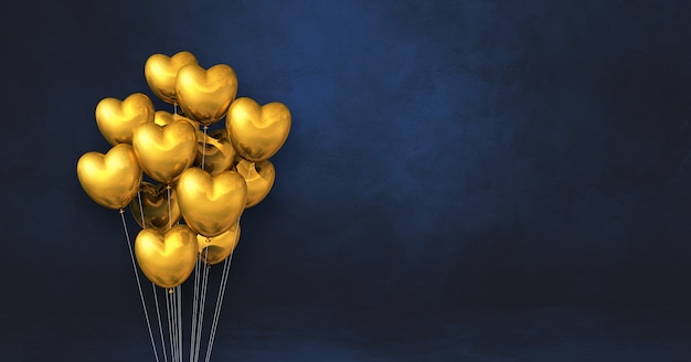 Gold heart shape balloons bunch on a black wall background. Horizontal banner. 3D illustration render