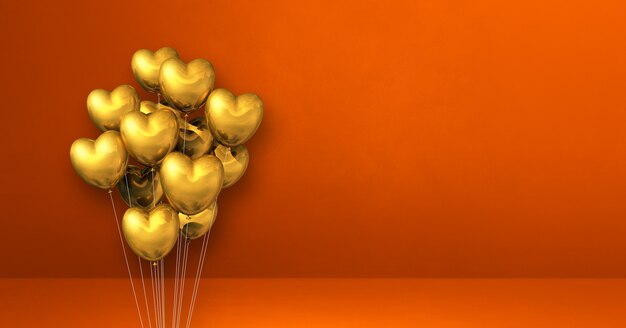 Mazzo di palloncini a forma di cuore d'oro sul fondo arancio della parete. banner orizzontale. rendering di illustrazione 3d