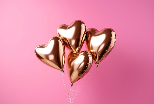 gold heart shaped foil balloons on pink background