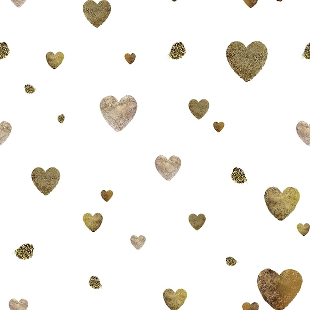 Gold heart stroke pattern. A watercolor illustration. Hand drawn texture. Isolated white background.