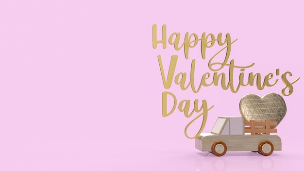 The gold heart on van truck  for love  concept 3d rendering