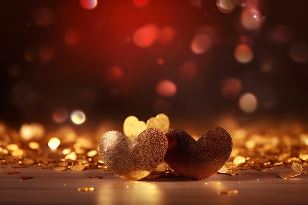 Gold hearts glitters and bokeh background Neural network AI generated