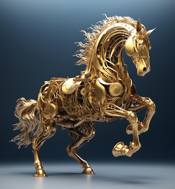 A gold horse is made of metal and has a large head