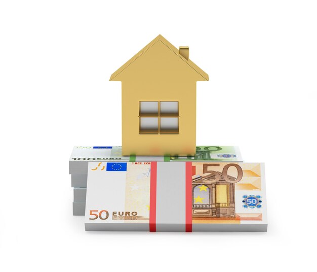 Gold house icon on bundles of euro banknotes