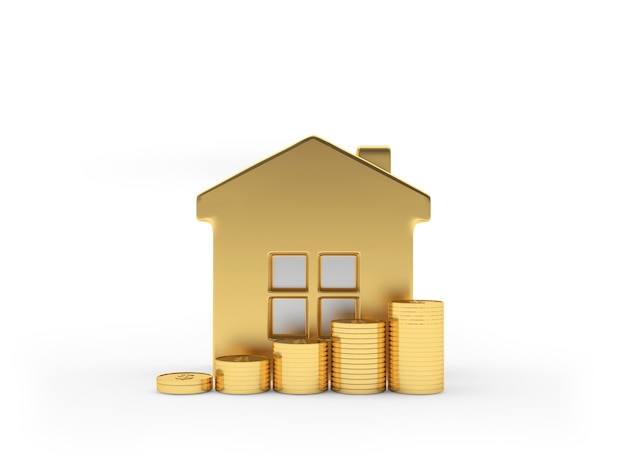 Gold house icon with coins on white