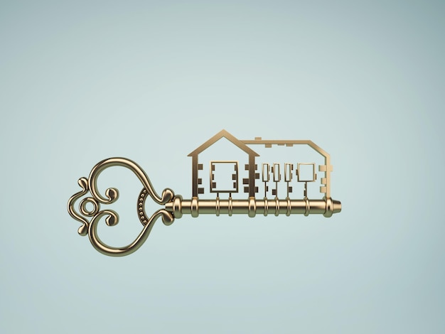 Photo gold house key with blue background