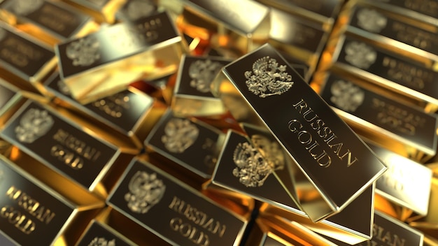 Фото Золото в слитках в большом объеме надписи российский золотой золотой фонд 3d рендеринг